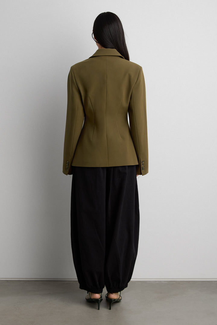 CINCHED WAIST DOUBLE-BREASTED BLAZER in Teak Brown — alternate angle