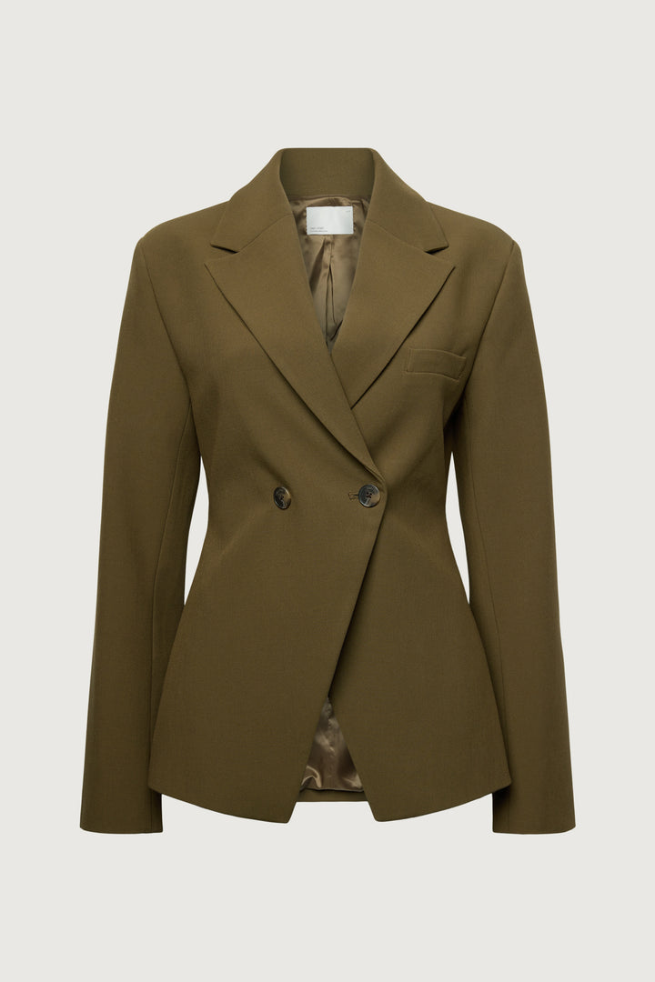 CINCHED WAIST DOUBLE-BREASTED BLAZER in Teak Brown — alternate angle