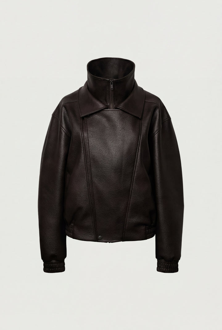 VEGAN LEATHER DOUBLE COLLAR BIKER JACKET in Dark Chocolate — alternate angle