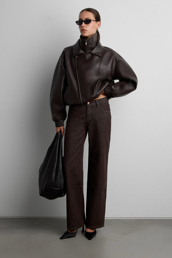 VEGAN LEATHER DOUBLE COLLAR BIKER JACKET in Dark Chocolate — alternate angle