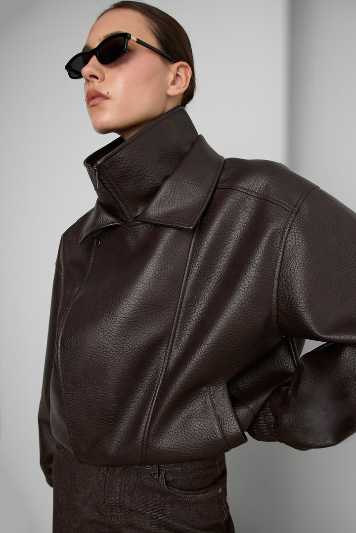VEGAN LEATHER DOUBLE COLLAR BIKER JACKET in Dark Chocolate — alternate angle