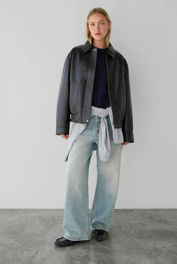 COLLARED VEGAN LEATHER BOMBER JACKET in Black — alternate angle