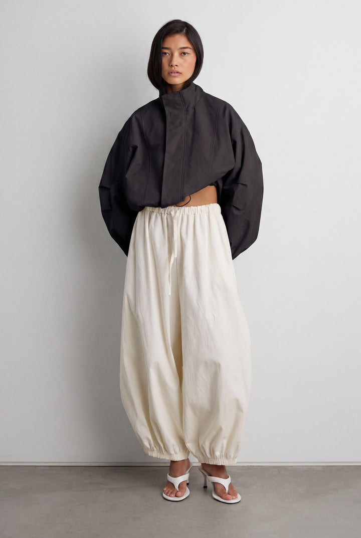HIGH FUNNEL NECK CROPPED DRAWSTRING JACKET in Black — alternate angle