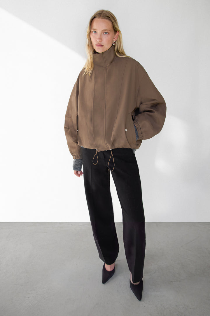 HIGH FUNNEL NECK CROPPED DRAWSTRING JACKET in Brown — alternate angle