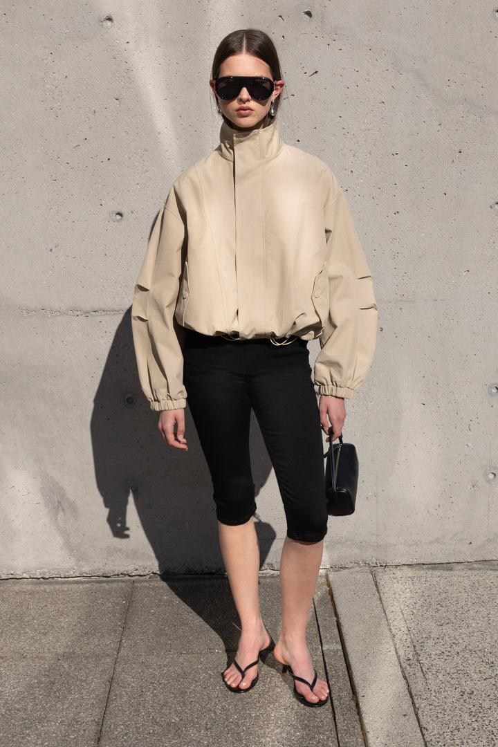 HIGH FUNNEL NECK CROPPED DRAWSTRING JACKET in LEMON PEPPER — alternate angle