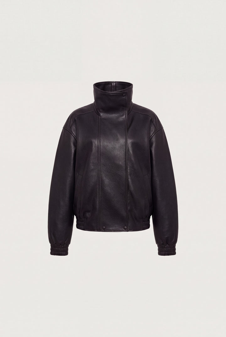 HIGH FUNNEL NECK VEGAN LEATHER JACKET in Black — alternate angle