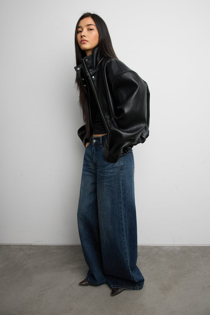 VEGAN LEATHER FUNNEL NECK JACKET WITH ELASTICATED HEM in Black — alternate angle