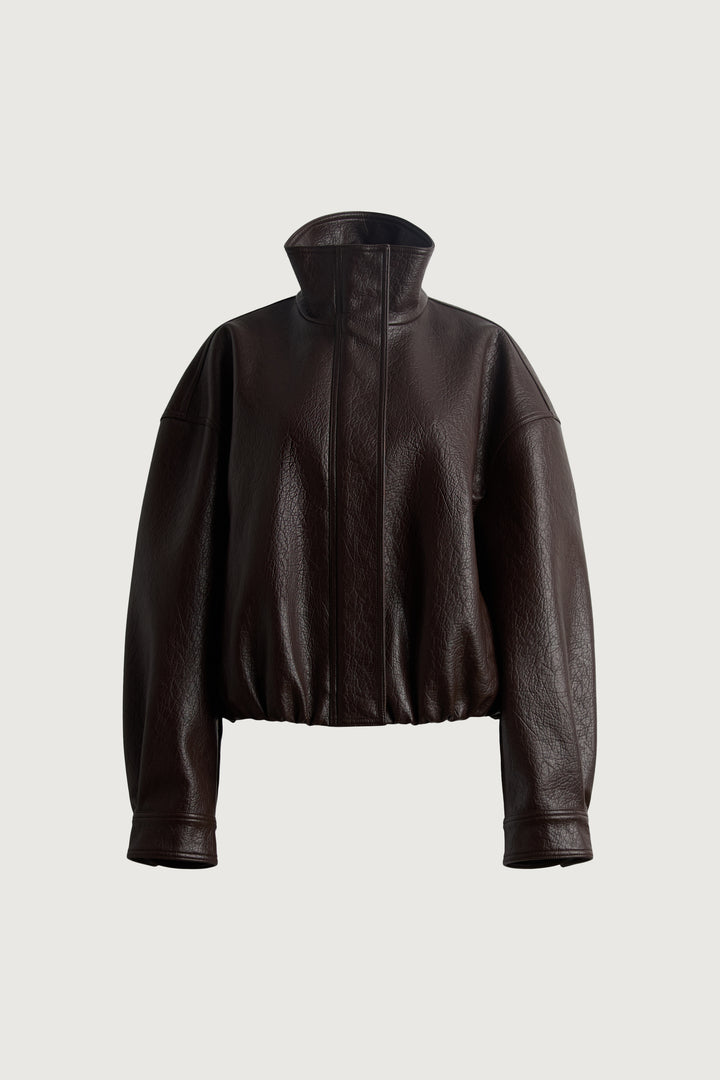 VEGAN LEATHER FUNNEL NECK JACKET WITH ELASTICATED HEM in Coffee Bean — alternate angle