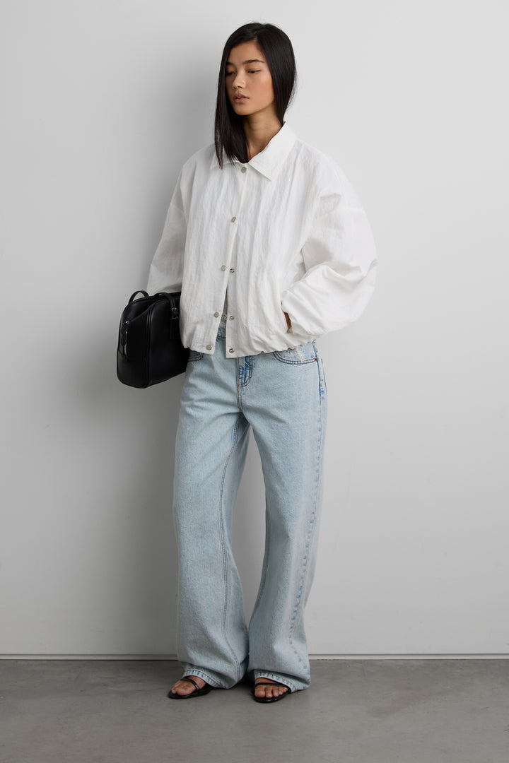 NYLON BUTTON FRONT BALLOON HEM JACKET in White — alternate angle