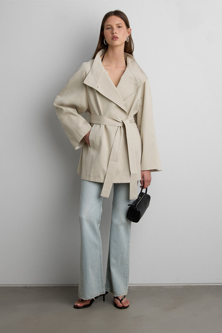 BELTED FUNNEL NECK JACKET in Beige — alternate angle