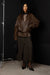 Notched lapel vegan leather jacket with waist tie in brown — main image