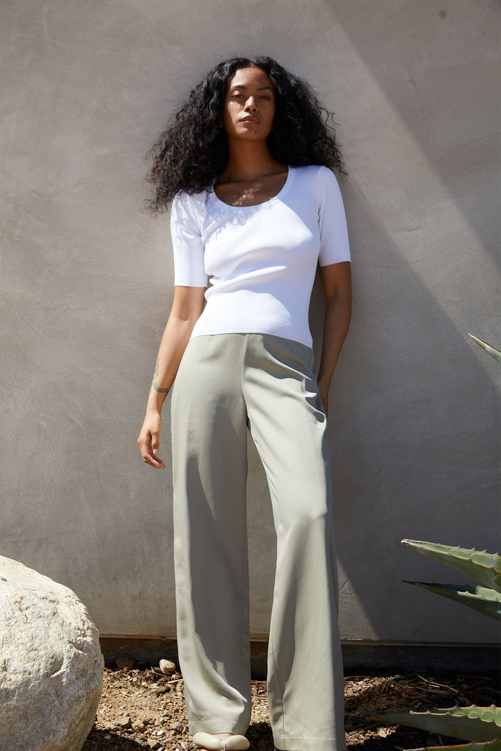 SATIN CREPE WIDE LEG PANT in Laurel Oak — alternate angle