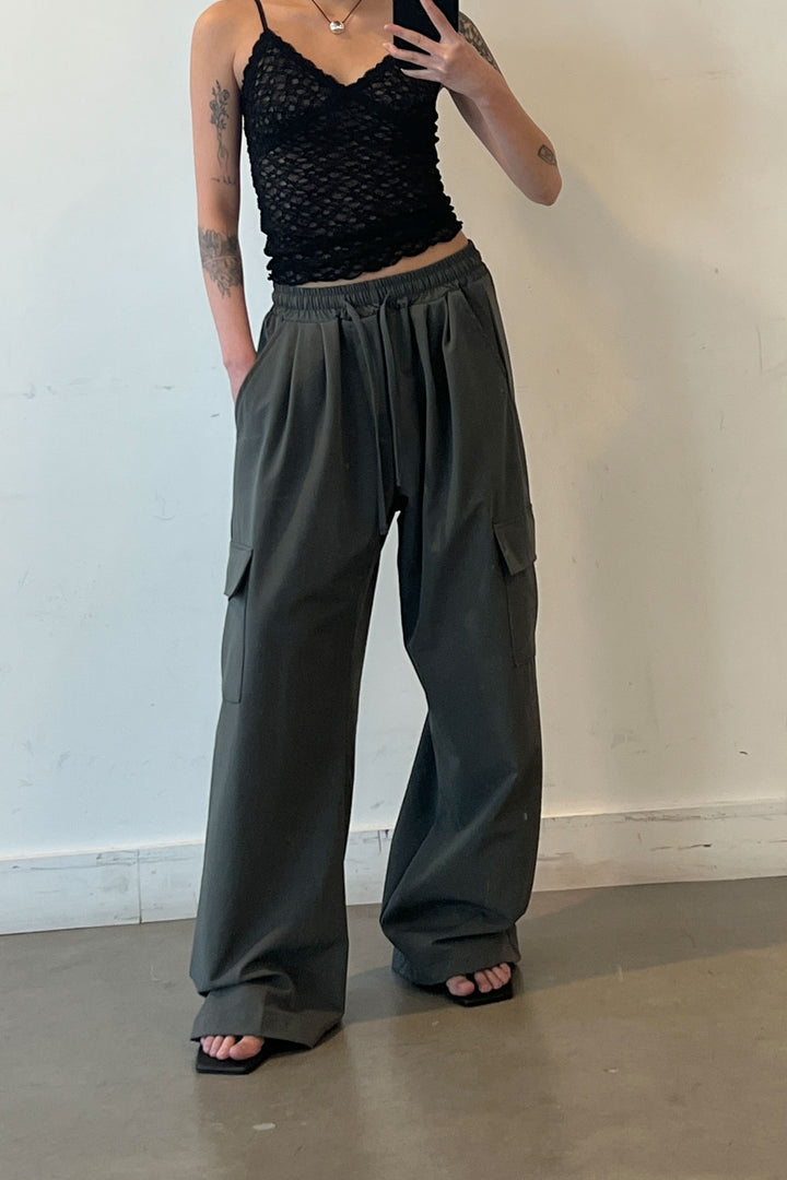 PLEATED CARGO PANTS in Grey Pinstripe — alternate angle