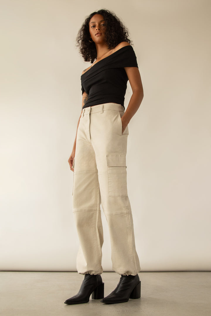 TWILL WIDE LEG CARGO PANT WITH SHOCK CORD in Seashell — alternate angle