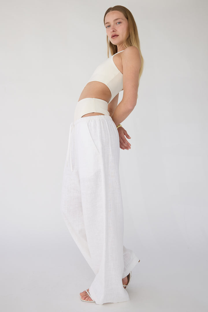 LINEN BLEND WIDE LEG PANT in White — alternate angle