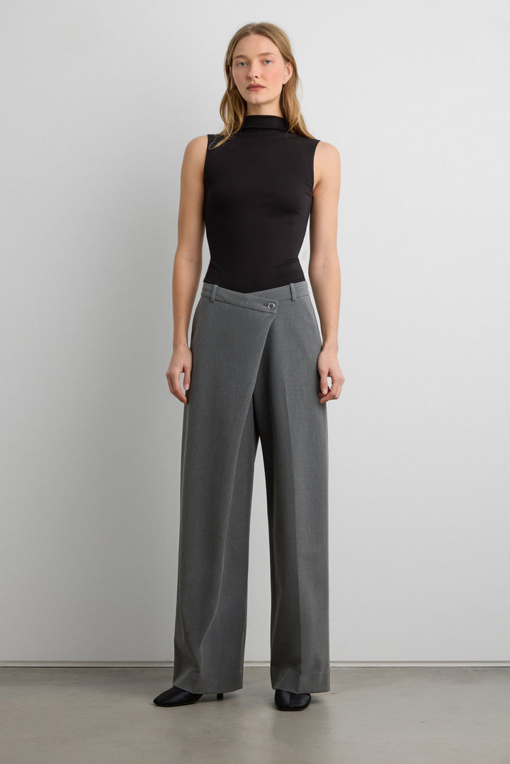 FRONT WRAP STRAIGHT LEG TROUSER in Medium Heather Grey — alternate angle