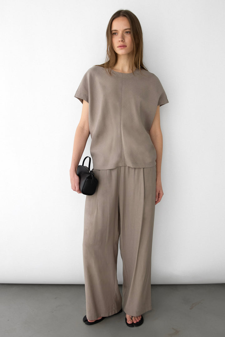 CRINKLED RAYON ELASTIC WAIST PANT in Brindle — alternate angle