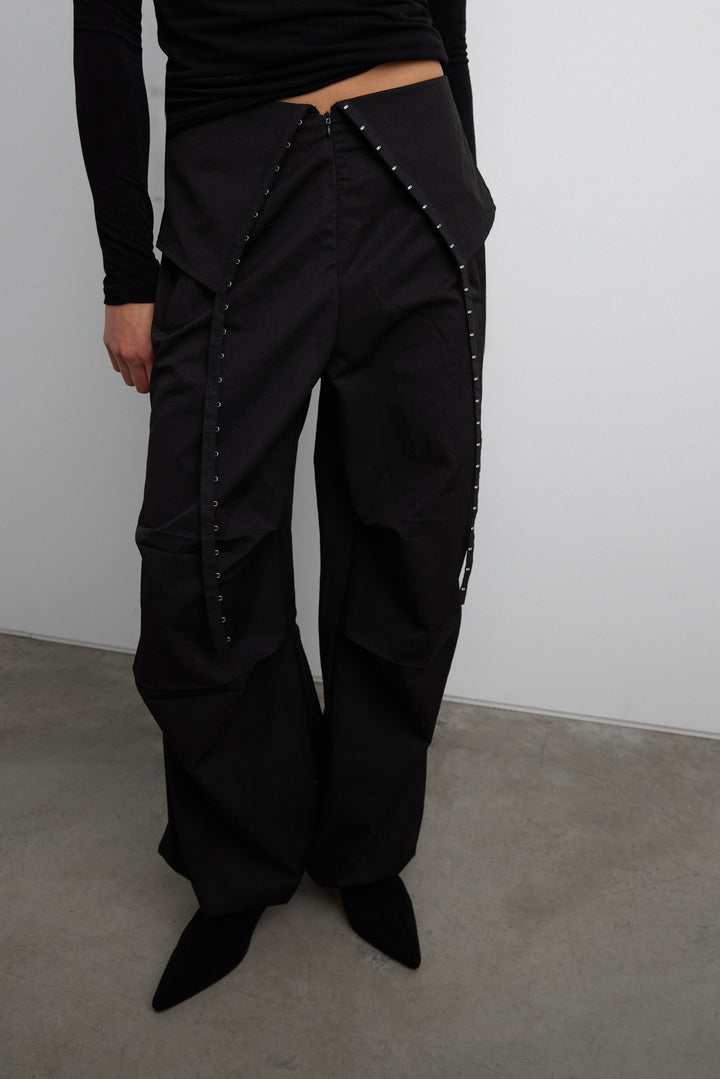 DRAPED WIDE LEG PANT WITH HOOK AND EYE DETAIL in Black — alternate angle