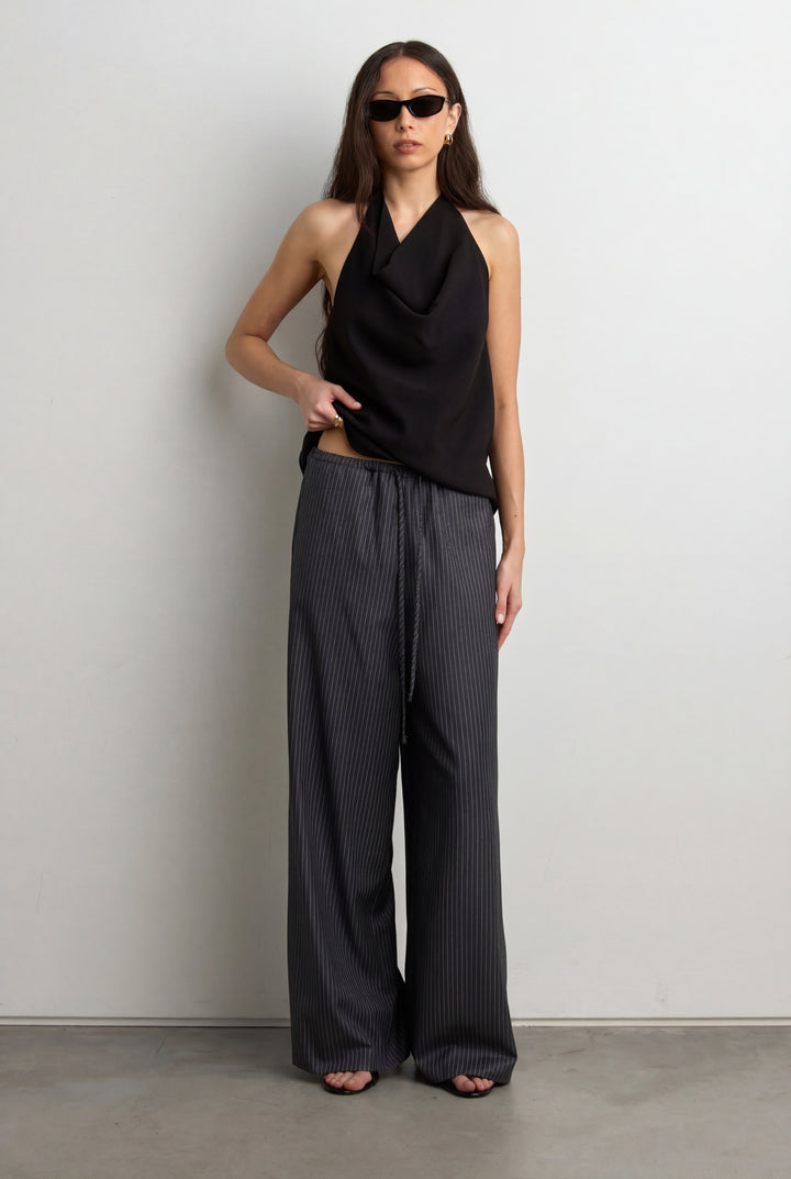 WIDE LEG WRAP FRONT PINSTRIPE PANT SET in Charcoal Pinstripe — alternate angle