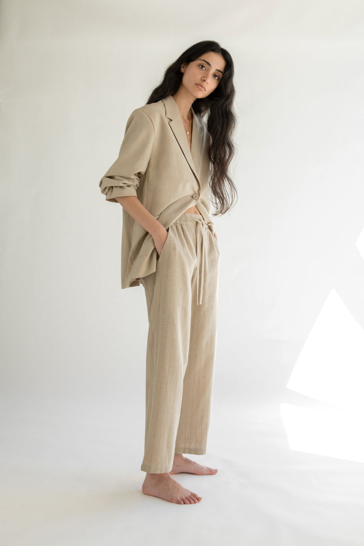 STRIPED LINEN TROUSER in Beige Stripe — alternate angle