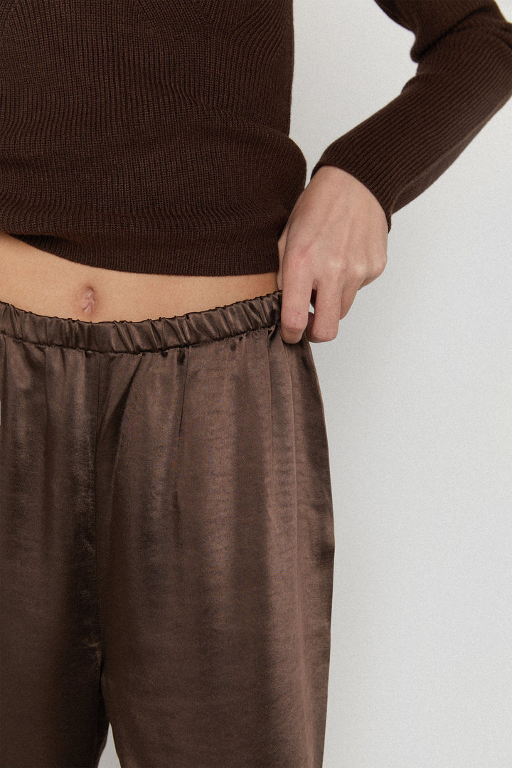 SATIN PANTS WITH FRONT SLITS in Chocolate Brown — alternate angle