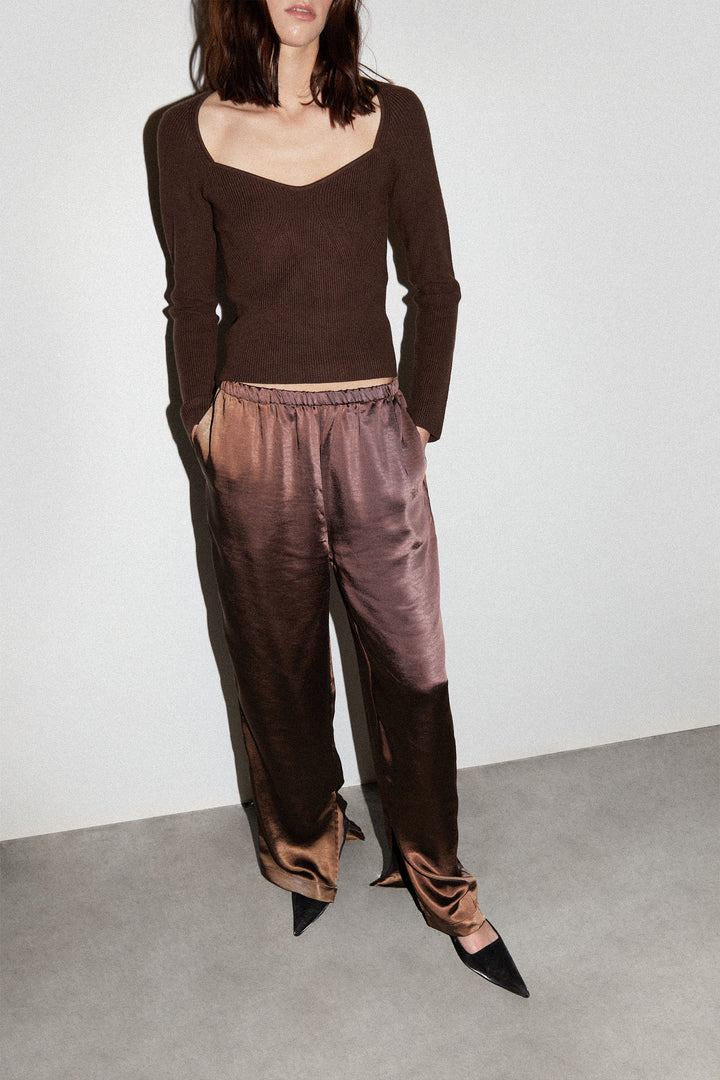 SATIN PANTS WITH FRONT SLITS in Chocolate Brown — alternate angle