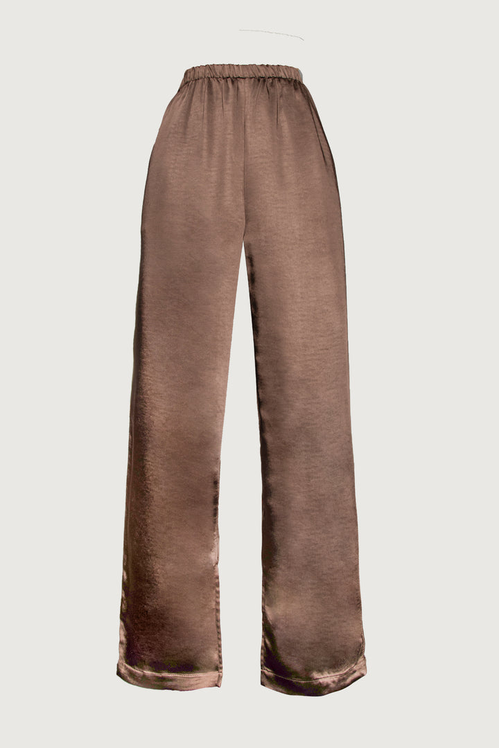 SATIN PANTS WITH FRONT SLITS in Chocolate Brown — alternate angle