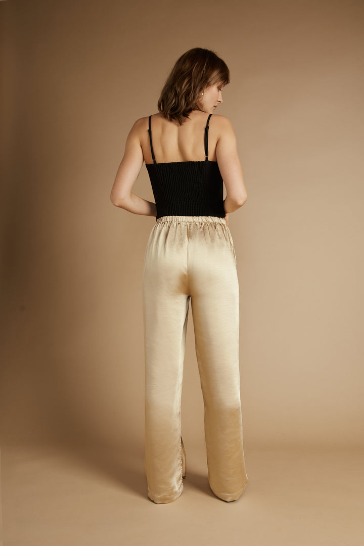 SATIN PANTS WITH FRONT SLITS in Pale Khaki — alternate angle