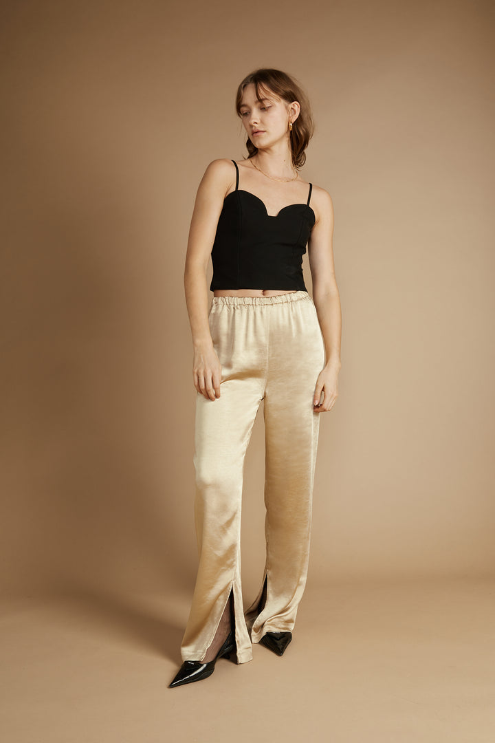 SATIN PANTS WITH FRONT SLITS in Pale Khaki — alternate angle