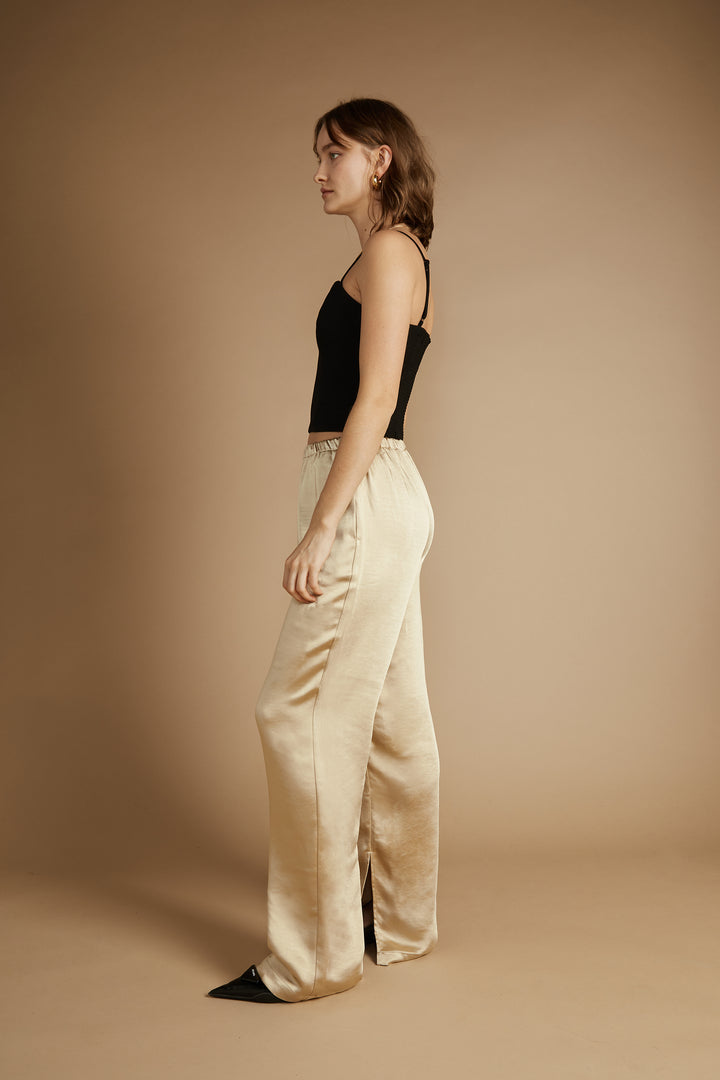 SATIN PANTS WITH FRONT SLITS in Pale Khaki — alternate angle