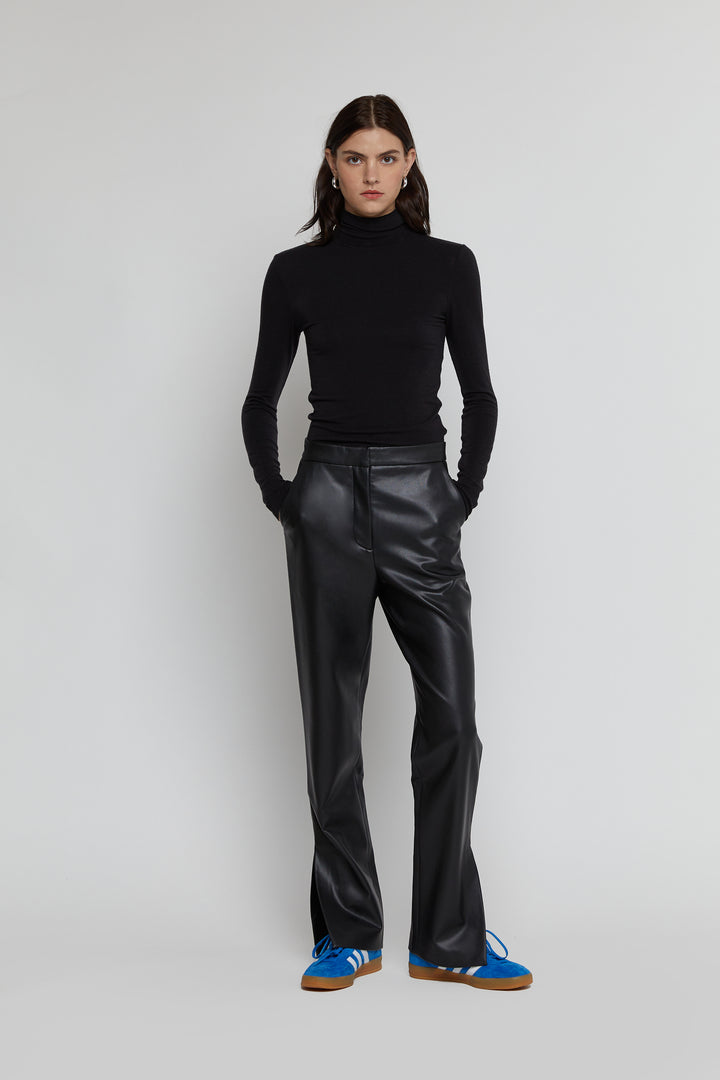 VEGAN LEATHER PANT WITH SIDE SLIT in Black — alternate angle
