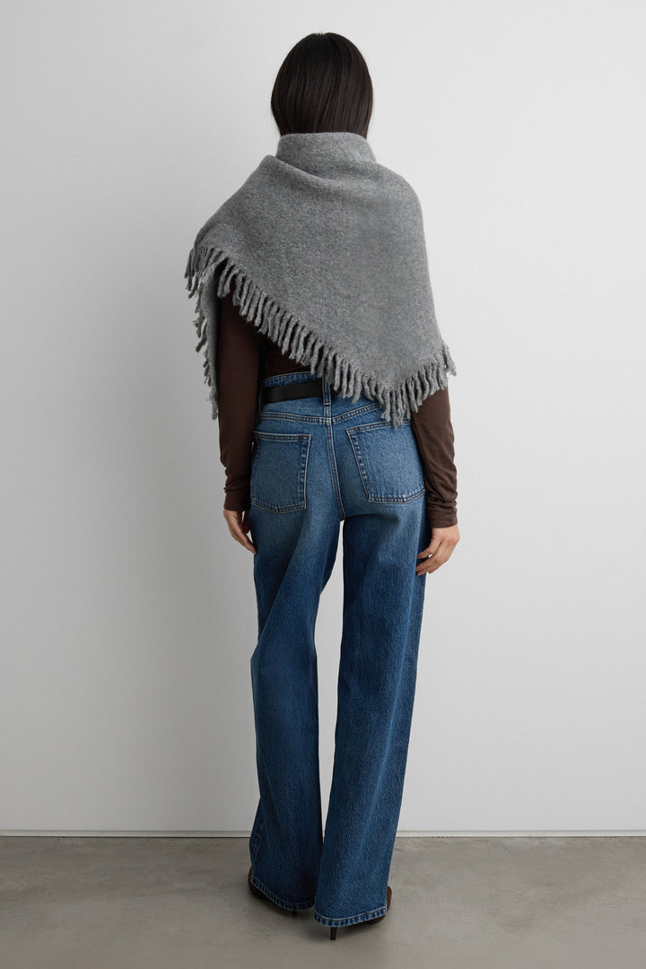 FRINGE TRIM TRIANGLE SCARF in Medium Heather Grey — alternate angle