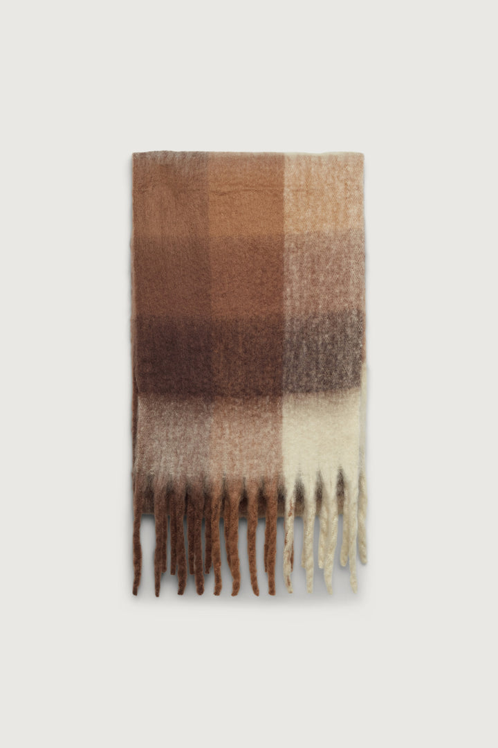 PATTERNED SCARF WITH TASSELS in Almond Brown Check — alternate angle