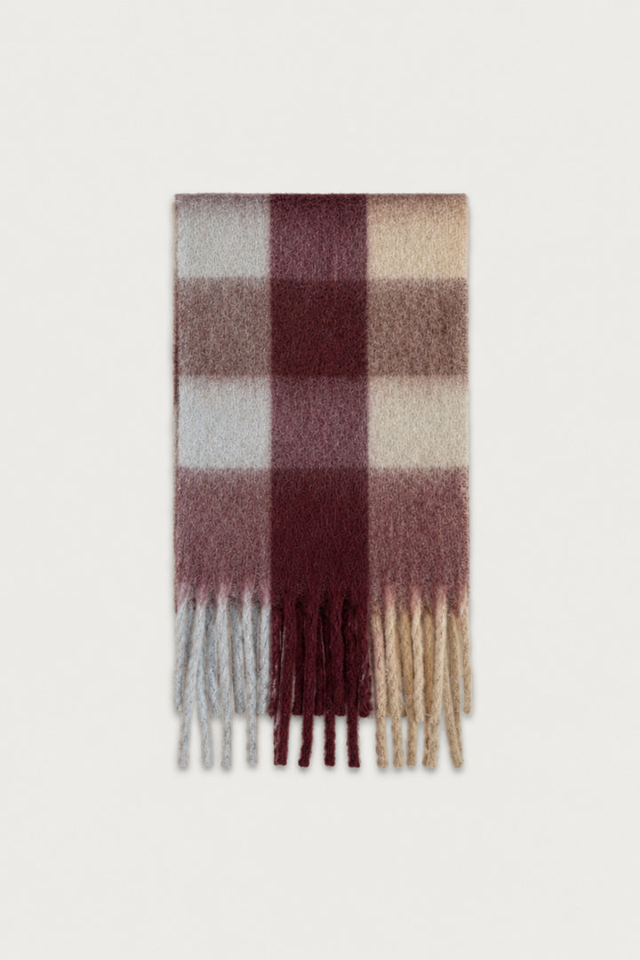 PATTERNED SCARF WITH TASSELS in Wine Check — alternate angle