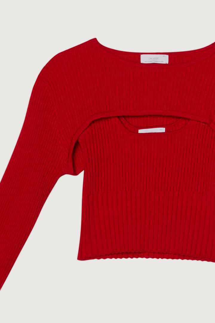 LAYERED LONG SLEEVE AND CROPPED TANK SET in Red — alternate angle