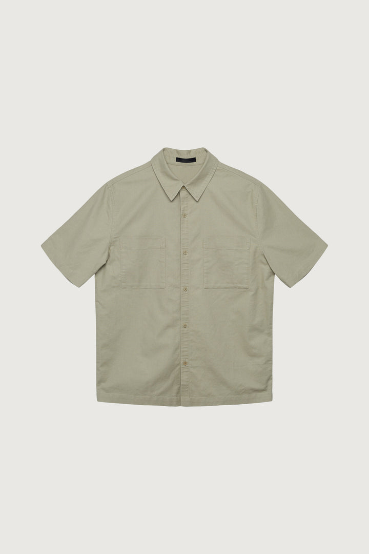 COTTON LINEN CARGO SHORT SLEEVE SHIRT in Moss Grey — alternate angle