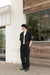 Crinkled short sleeve button up shirt in black — main image
