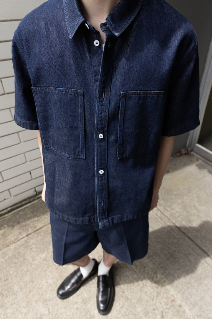 OVERSIZED SHORT SLEEVE DENIM SHIRT in Raw Blue Denim — alternate angle