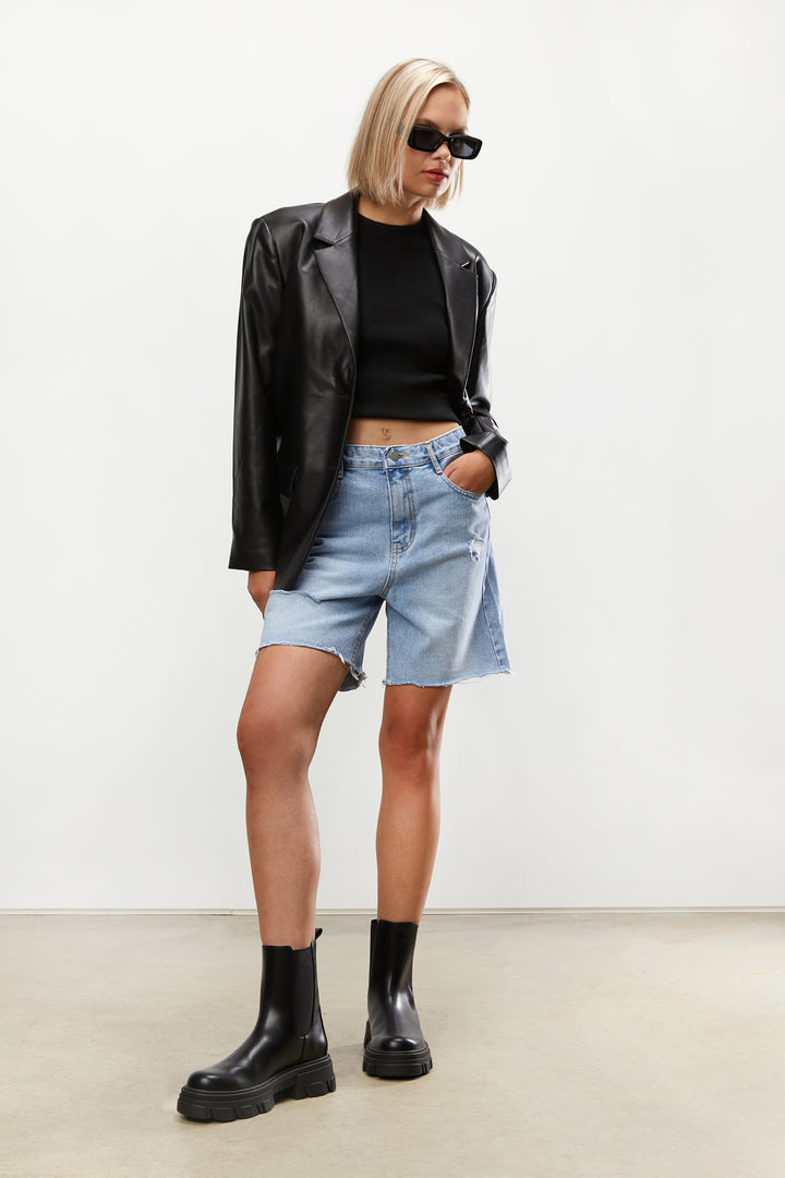 DISTRESSED JEAN SHORT in Medium Wash — alternate angle