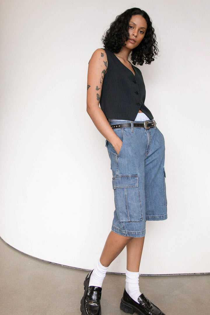 LONG CARGO DENIM SHORT in Vintage Blue — alternate angle