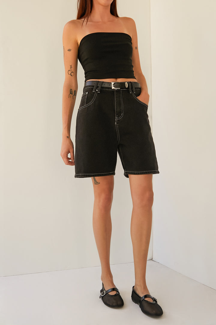 DENIM SHORTS WITH LEATHER BELT in Black — alternate angle
