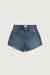 Mid-rise jean short with distressing in medium blue — main image