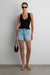 Mid-rise jean short with distressing in stone light wash — main image