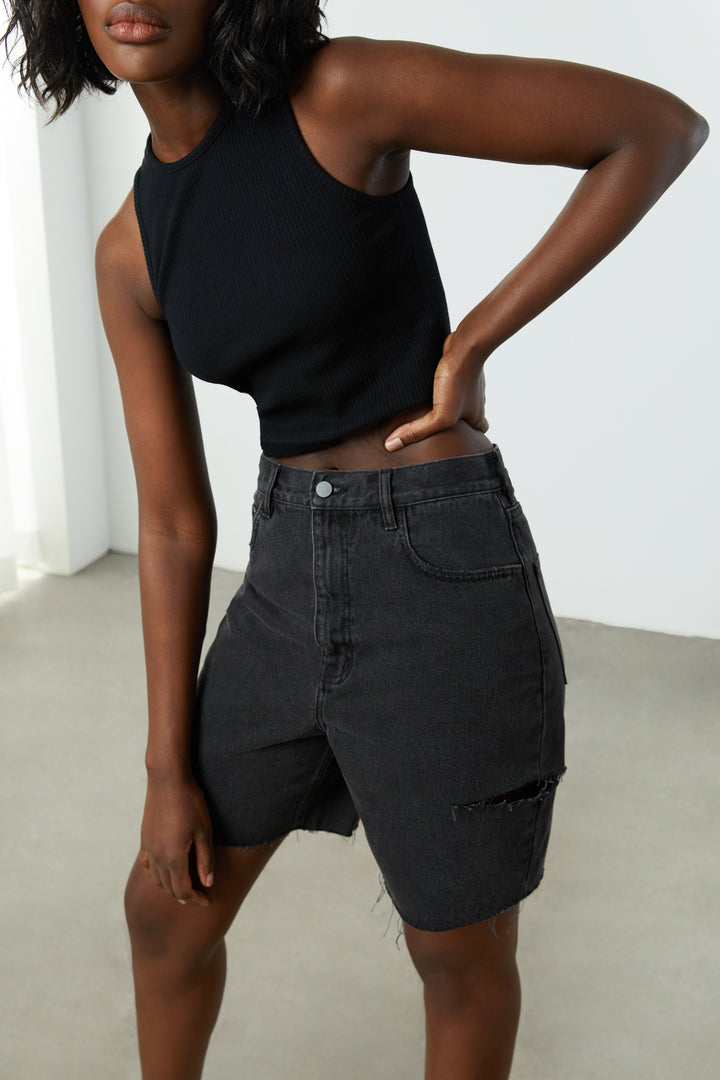 LONG DENIM SHORT in Washed Black — alternate angle