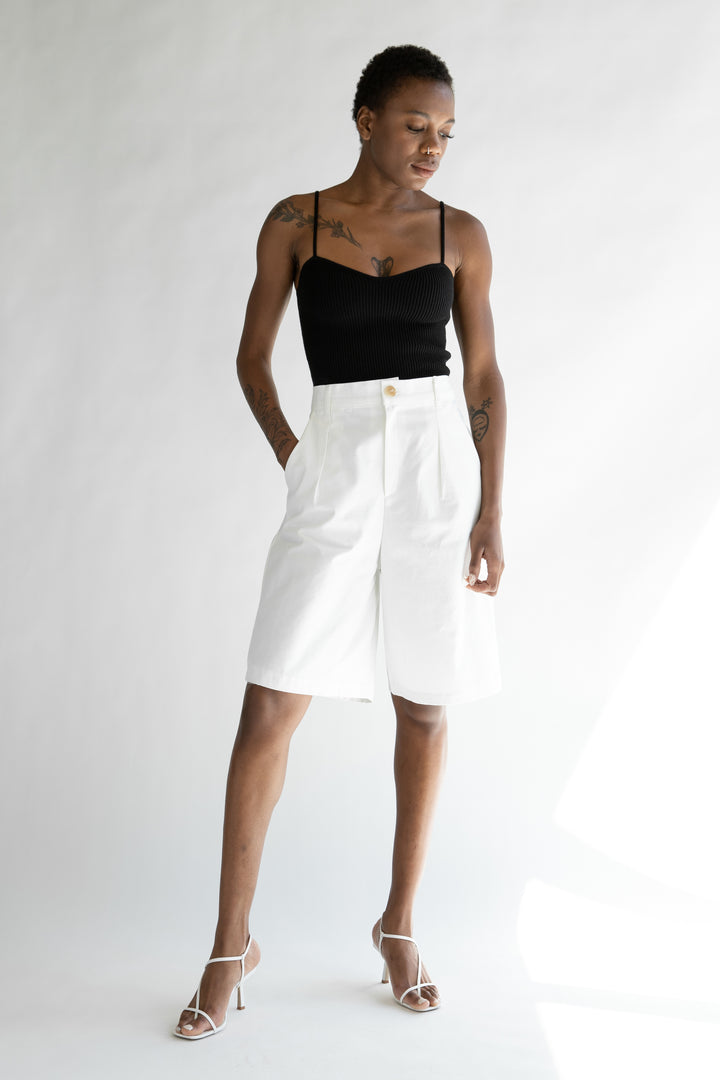 FRONT PLEAT BERMUDA SHORT in White — alternate angle