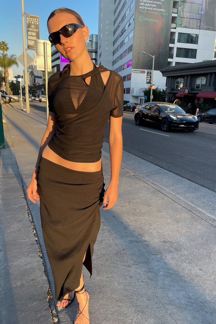 TEXTURED MIDI SKIRT WITH RUCHING in Black — alternate angle