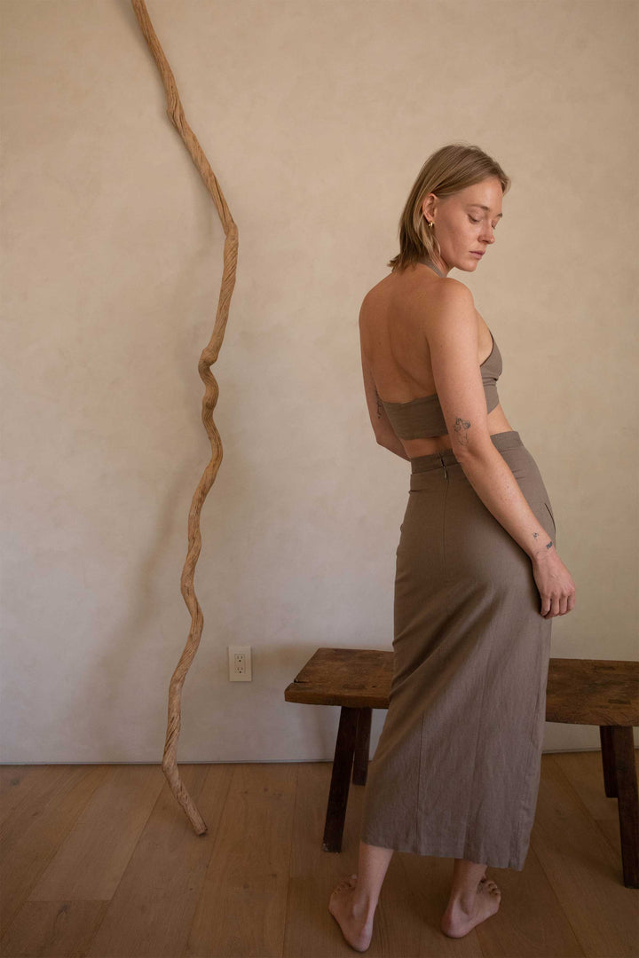 LINEN BLEND WRAP SKIRT in Taupe — alternate angle