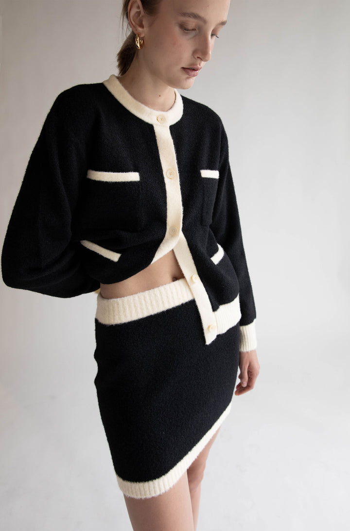 FUZZY COLOUR BLOCK MINI SKIRT in Black Cream — alternate angle