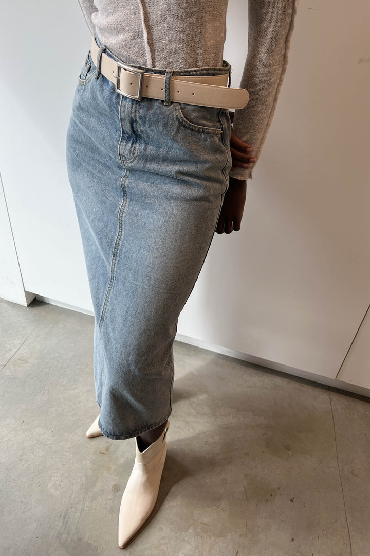 MIDI JEAN SKIRT in Medium Wash — alternate angle