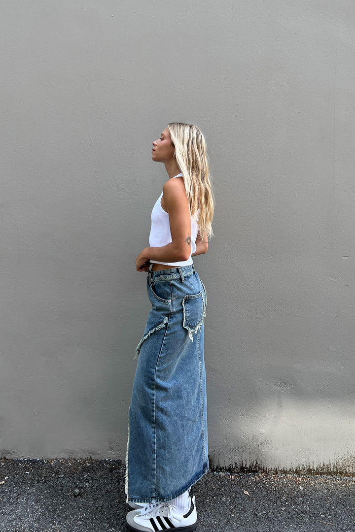 DENIM MAXI SKIRT in Dark Wash — alternate angle
